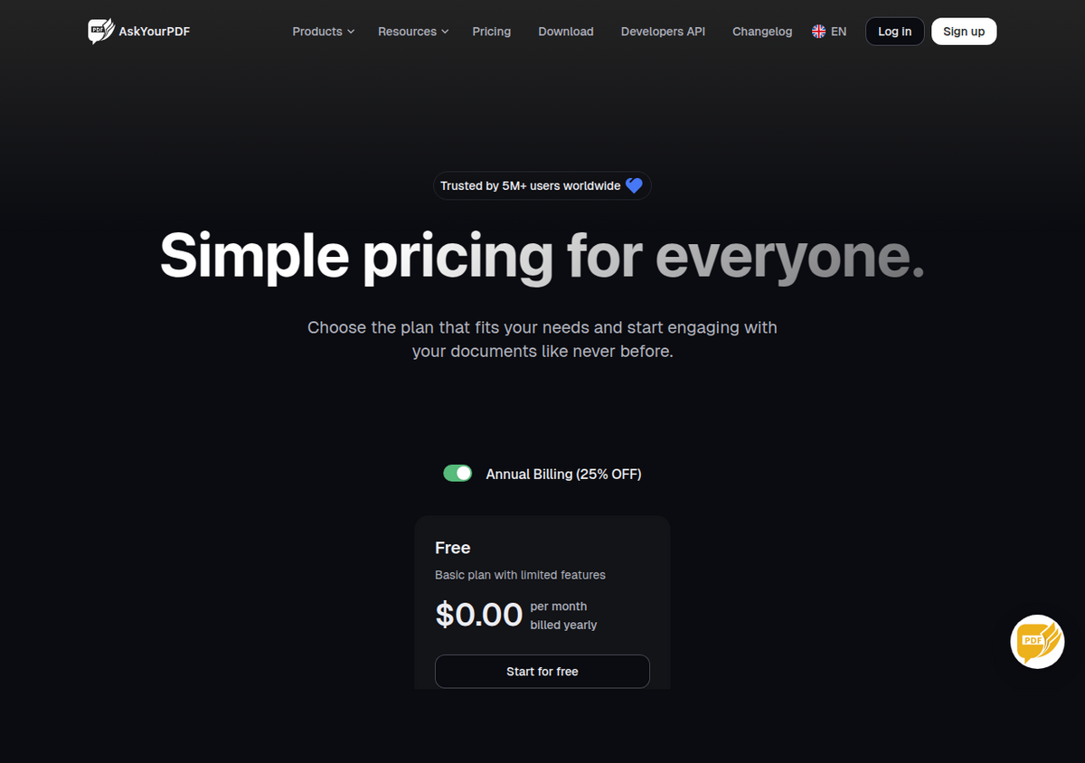 AskYourPDF's pricing page at askyourpdf.com, showing the 'Simple pricing for everyone' heading, an annual-billing toggle offering 25% off, and the Free plan card starting at $0.00 per month.