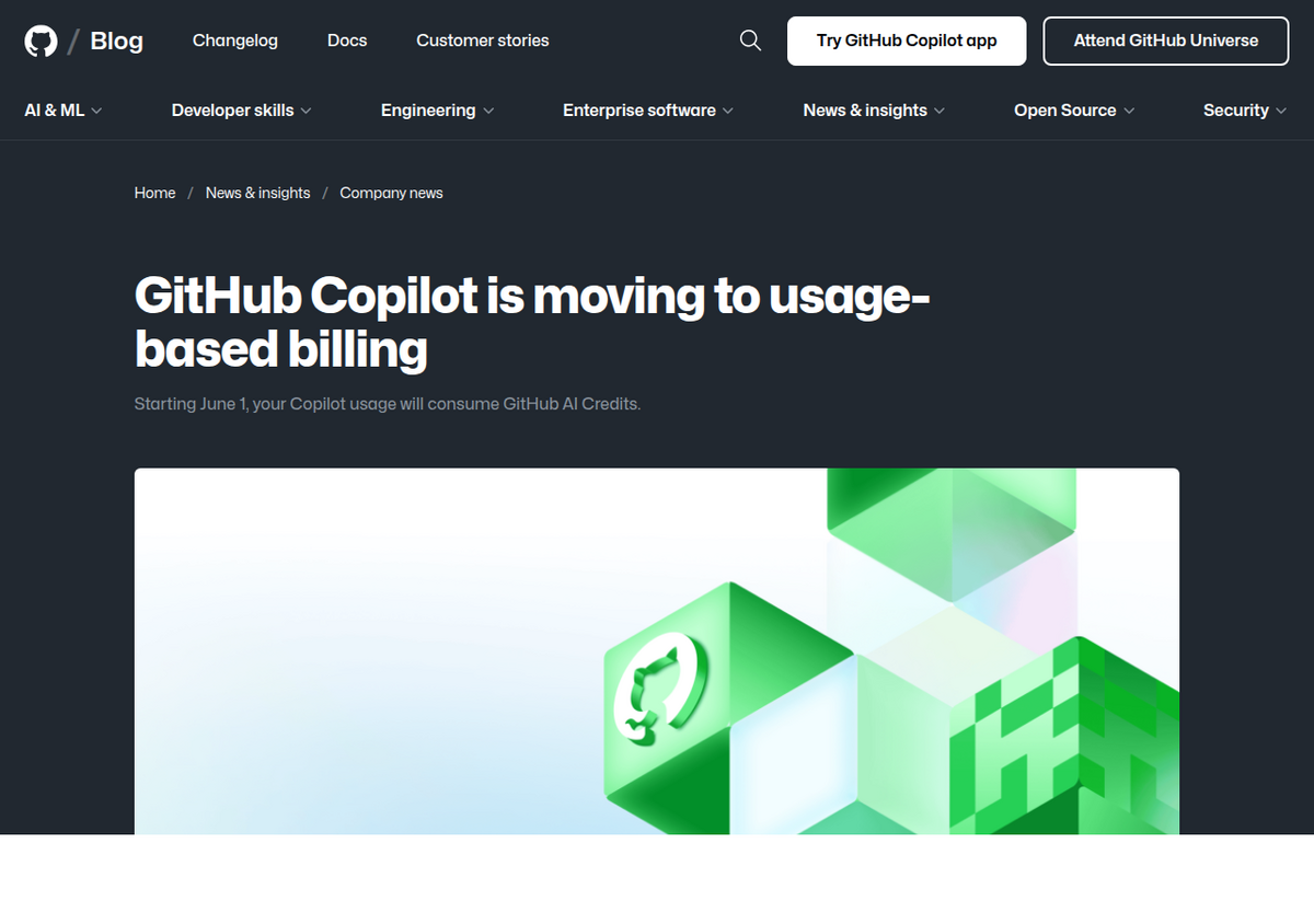 GitHub's official blog post 'GitHub Copilot is moving to usage-based billing,' subtitled 'Starting June 1, your Copilot usage will consume GitHub AI Credits.'