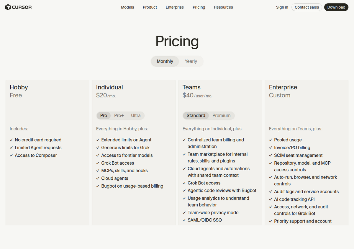 Cursor's official pricing page, showing four tiers: Hobby (Free), Individual ($20/mo, with Pro/Pro+/Ultra toggle), Teams ($40/user/mo), and Enterprise (custom).