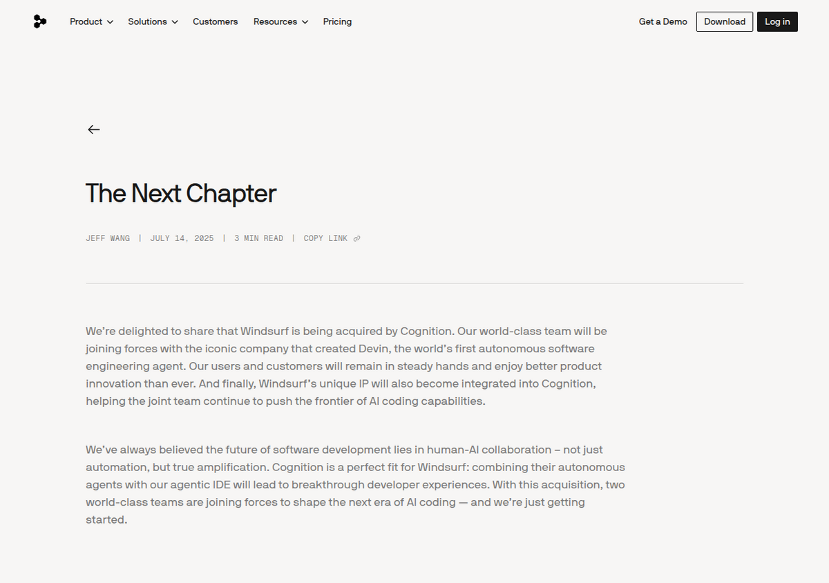Cognition's blog post 'The Next Chapter,' announcing the Windsurf acquisition, dated July 14, 2025 (the Windsurf brand itself was retired into Devin Desktop the following year).