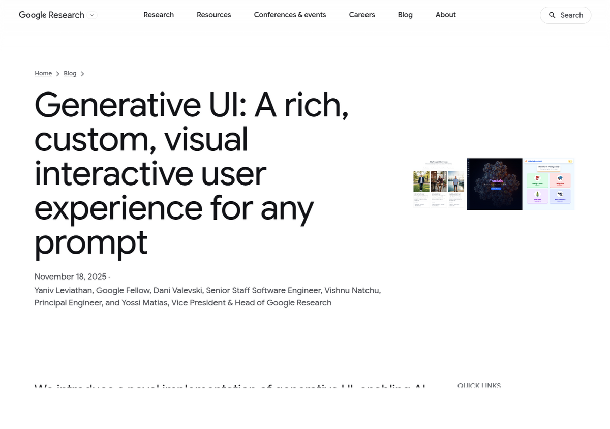 Google Research's blog post titled 'Generative UI: A rich, custom, visual interactive user experience for any prompt,' byline Yaniv Leviathan and co-authors.