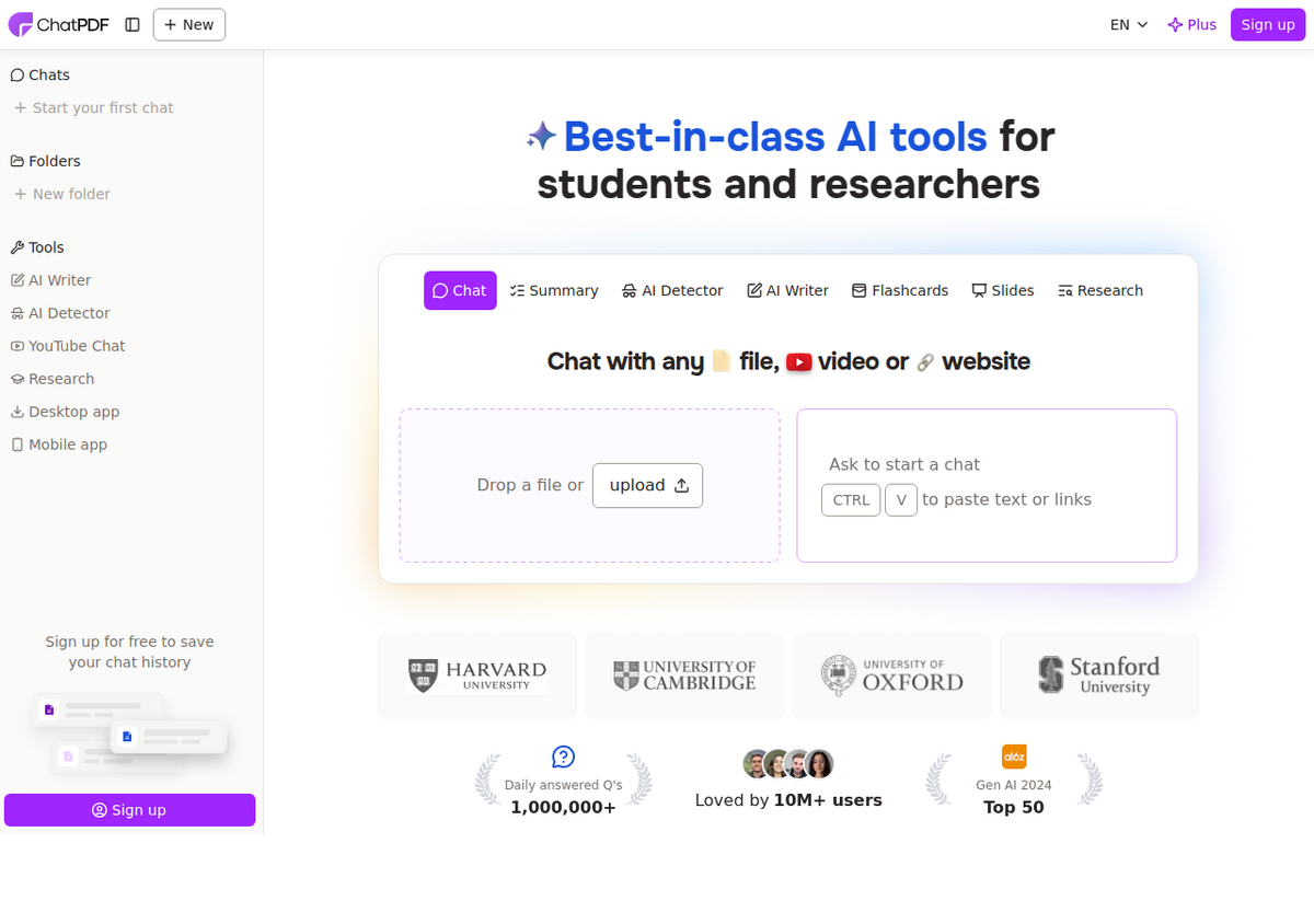 ChatPDF's homepage at chatpdf.com, showing tabs for Chat, Summary, AI Detector, AI Writer, Flashcards, Slides, and Research, with a drag-and-drop upload area and the tagline 'Best-in-class AI tools for students and researchers.'