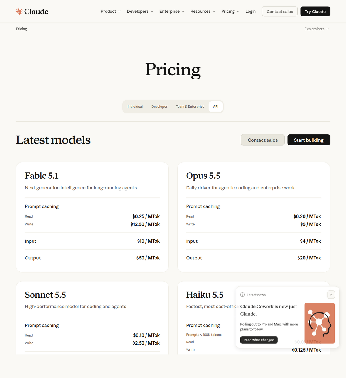 Anthropic's API pricing page showing Sonnet 5.5's prompt caching rates, $0.10/MTok read and $2.50/MTok write, alongside Opus 5.5 and Fable 5.1 cards on the same page.