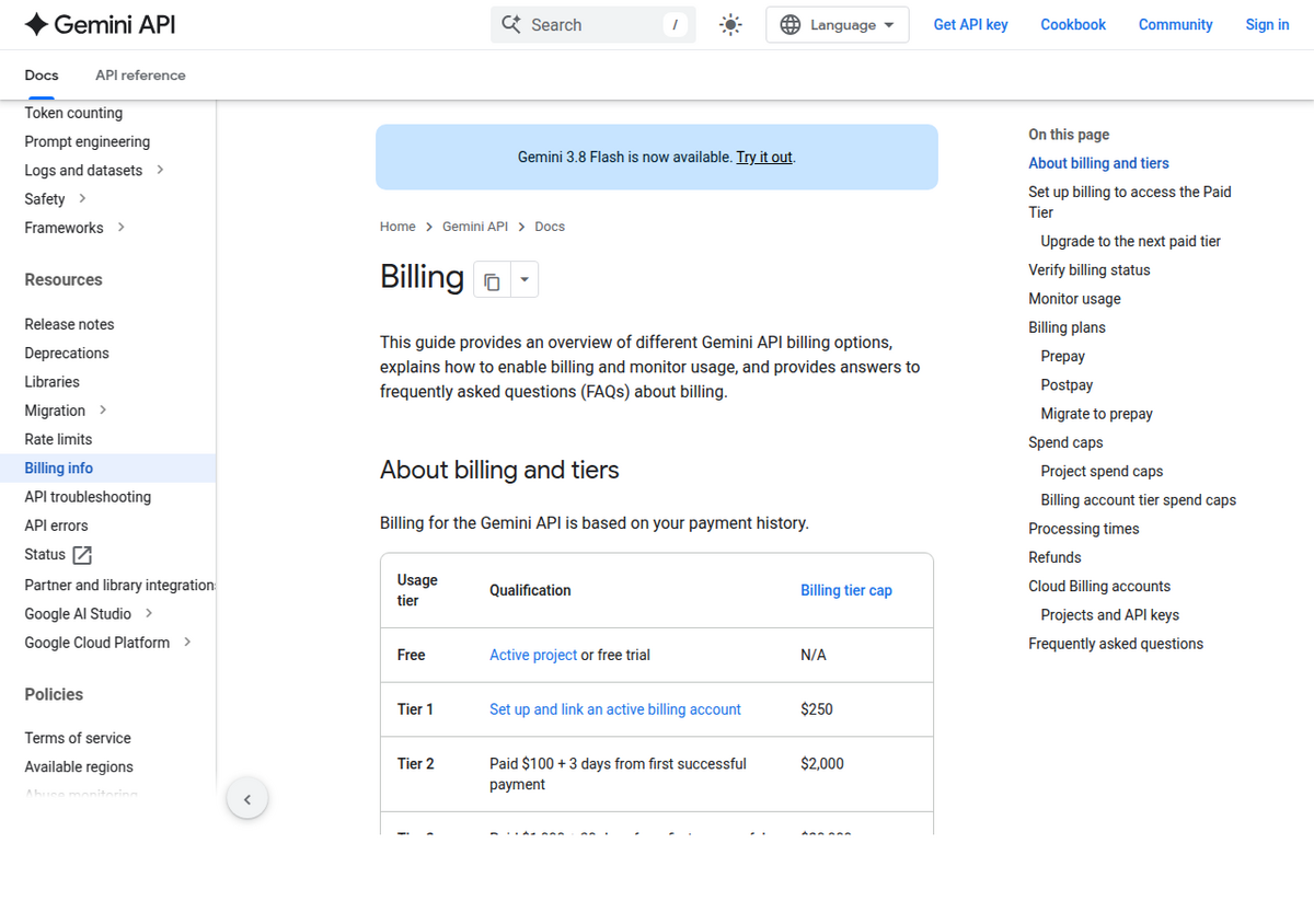 Google's official Gemini API billing documentation page, showing the usage-tier table (Free, Tier 1 at $250, Tier 2 at $2,000) and a table of contents listing Spend caps and Prepay/Postpay billing plans.