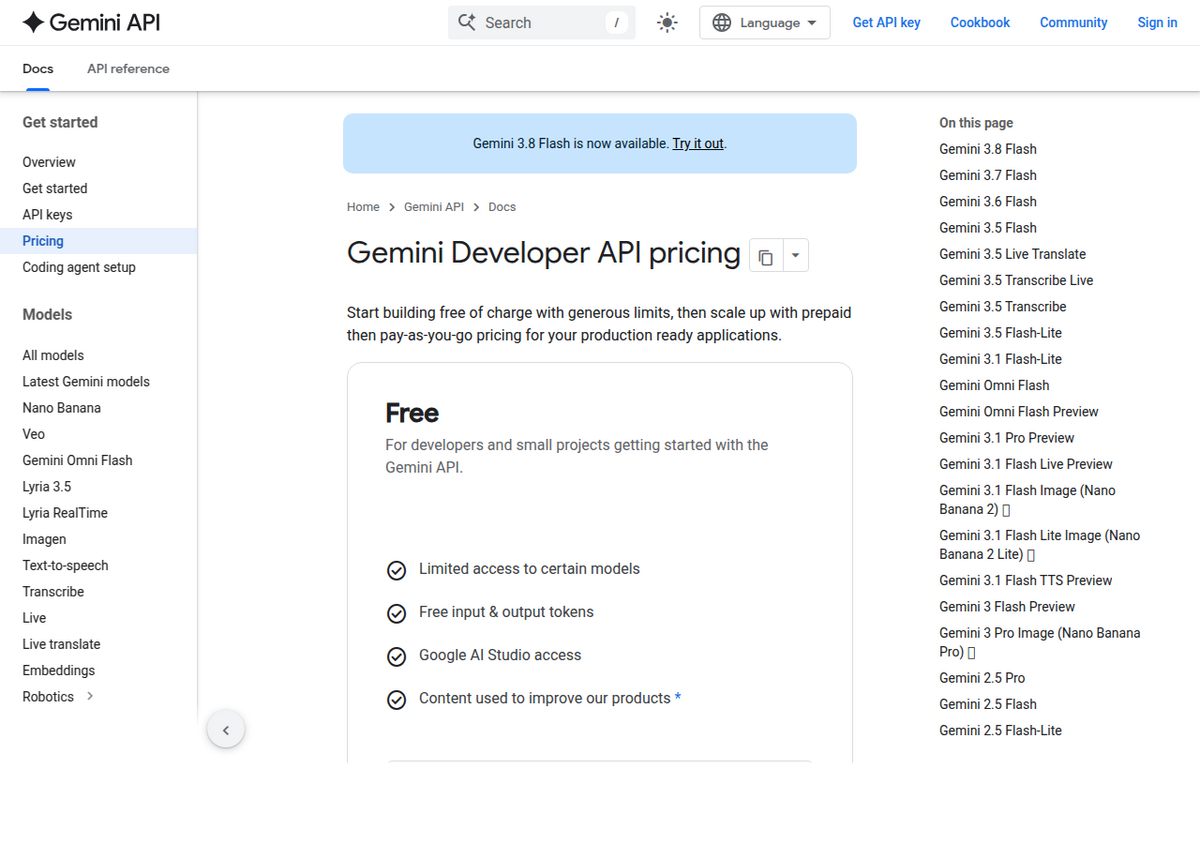 Google's official Gemini Developer API pricing page, showing the free tier's benefits list and a banner announcing Gemini 3.8 Flash is now available.