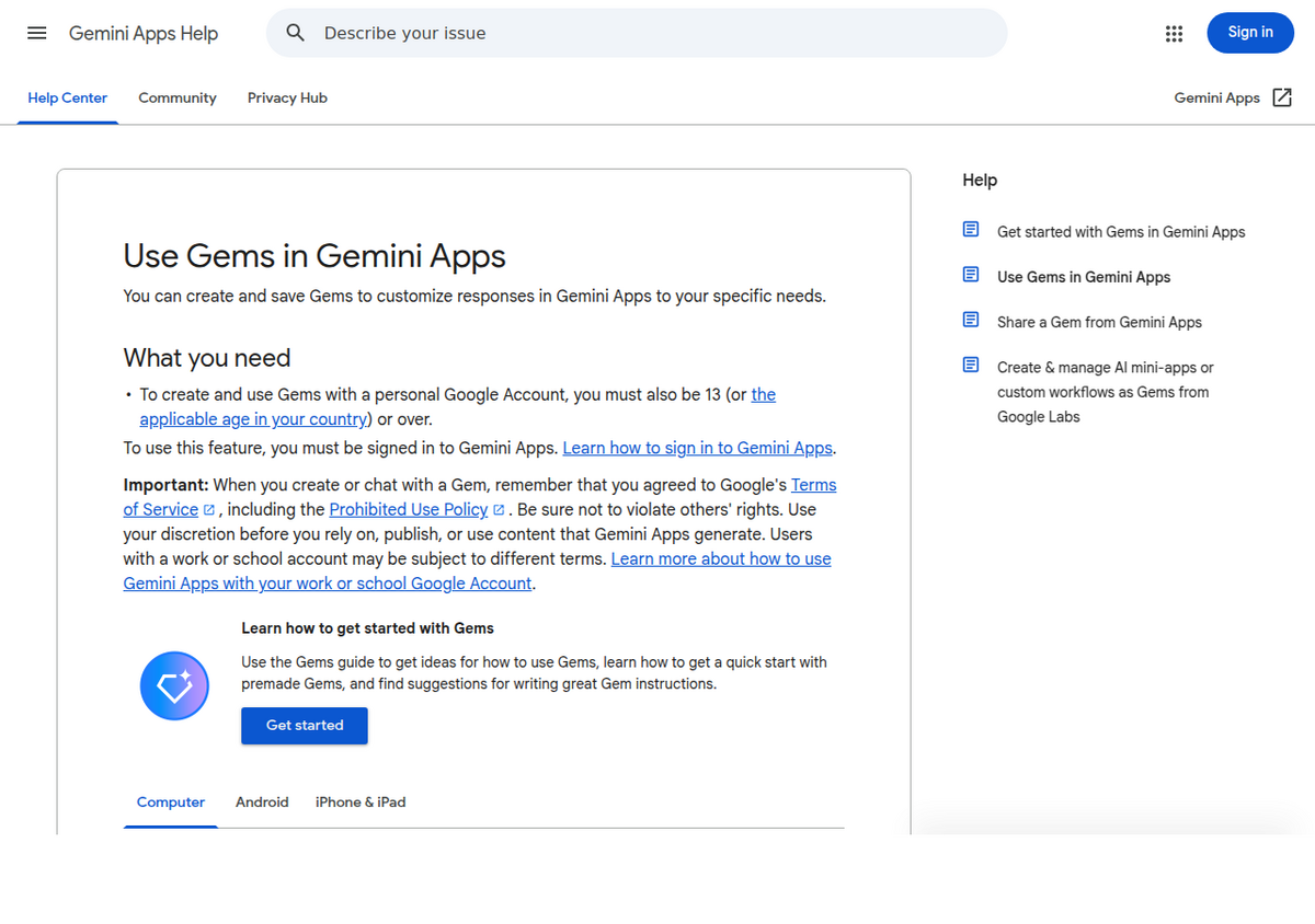 Google's official "Use Gems in Gemini Apps" help page, the primary source (further down the same page) confirming a Gem's knowledge base can include an attached Gemini Notebook notebook.