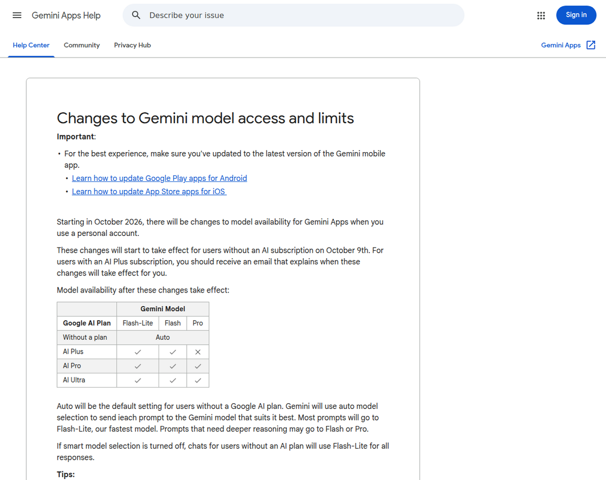 Google's Gemini Apps Help page titled 'Changes to Gemini model access and limits,' stating the changes take effect for users without an AI subscription on October 9th, with a table showing: Without a plan uses Auto; AI Plus has checkmarks for Flash-Lite and Flash but an X for Pro; AI Pro and AI Ultra have checkmarks for all three models.