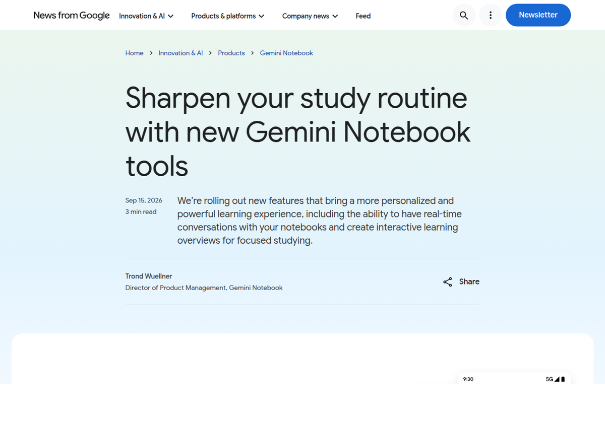 Google's official blog post titled 'Sharpen your study routine with new Gemini Notebook tools', dated Sep 15, 2026, announcing real-time notebook conversations and interactive learning overviews.