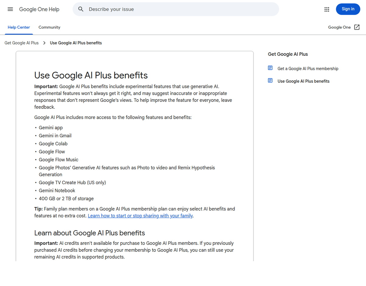 Google's official 'Use Google AI Plus benefits' support page, listing Gemini Notebook among included features and stating that AI credits aren't available for purchase to Google AI Plus members.