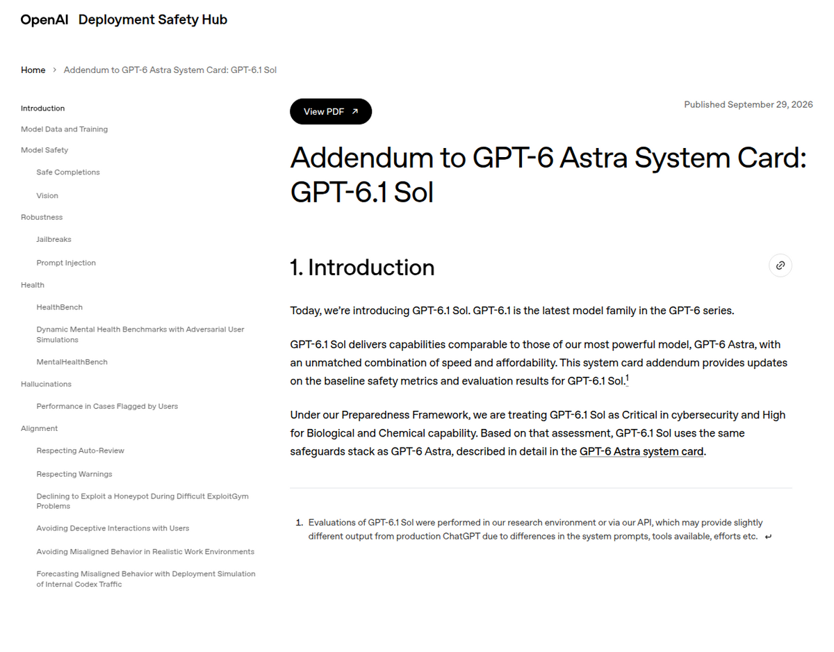 OpenAI's Deployment Safety Hub page titled 'Addendum to GPT-6 Astra System Card: GPT-6.1 Sol,' published September 29, 2026, stating the model delivers capabilities comparable to GPT-6 Astra and is rated Critical for cybersecurity.