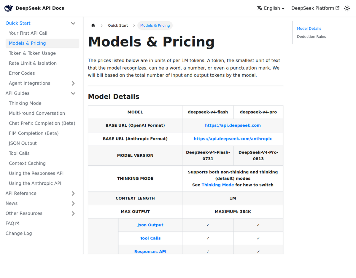 DeepSeeks offizielle API-Dokumentationsseite mit der Tabelle „Models & Pricing“ für DeepSeek-V4-Flash und DeepSeek-V4-Pro