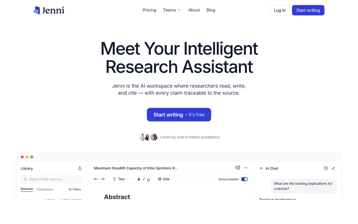 The Jenni AI homepage at jenni.ai, showing the headline 'Meet Your Intelligent Research Assistant' above a screenshot of the writing workspace with a source library, document editor, and AI Chat panel.