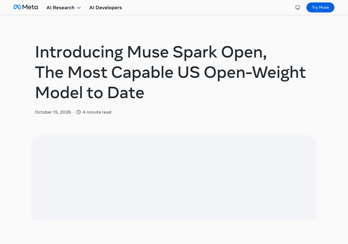 Meta's research.meta.ai blog post titled 'Introducing Muse Spark Open, The Most Capable US Open-Weight Model to Date', dated October 15, 2026.