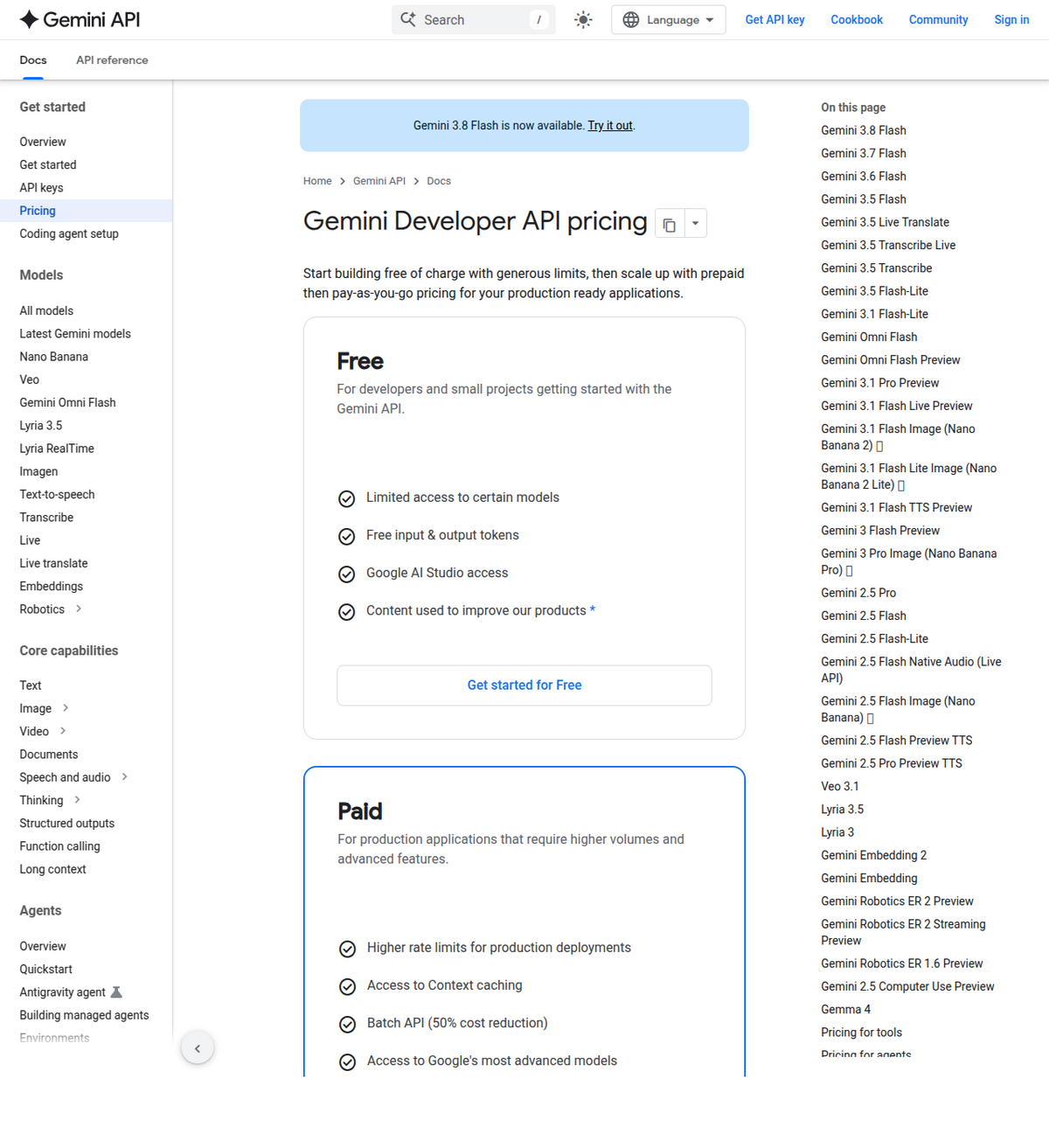 Google's Gemini Developer API pricing page, with a sidebar listing 'Gemini 3.1 Flash Image (Nano Banana 2)' and 'Gemini 3 Pro Image (Nano Banana Pro)' as separate model entries, above Free and Paid tier overview cards.