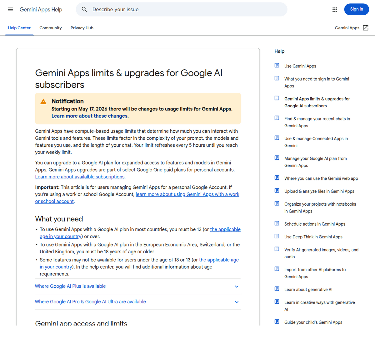 Google's Gemini Apps Help page titled 'Gemini Apps limits & upgrades for Google AI subscribers,' explaining the compute-based usage limit system that determines access to Gemini tools and features.
