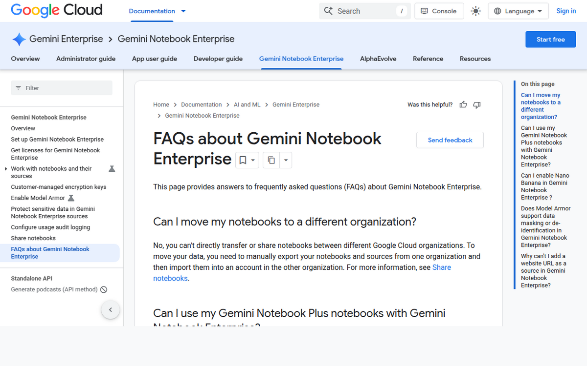 Google Cloud's Gemini Notebook Enterprise FAQ documentation page, showing an entry asking whether Nano Banana can be enabled in Gemini Notebook Enterprise