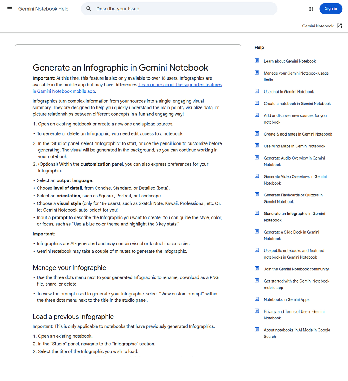 Die Google-Hilfeseite „Generate an Infographic in Gemini Notebook“ mit den Einstellungen: Ausgabesprache, Detailgrad, Ausrichtung, visueller Stil und ein Prompt.