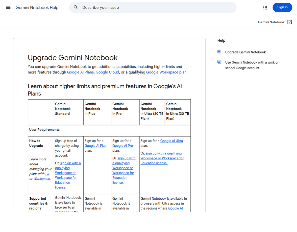Página oficial de soporte 'Mejorar Gemini Notebook' de Google mostrando la tabla comparativa de niveles para los planes Standard, Plus, Pro y Ultra