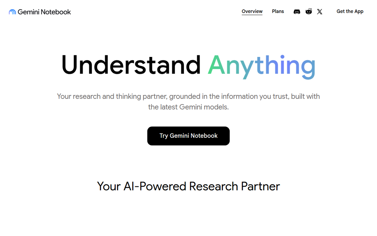 Gemini Notebook's landing page at notebook.google.com, showing the 'Understand Anything' tagline and Try Gemini Notebook button