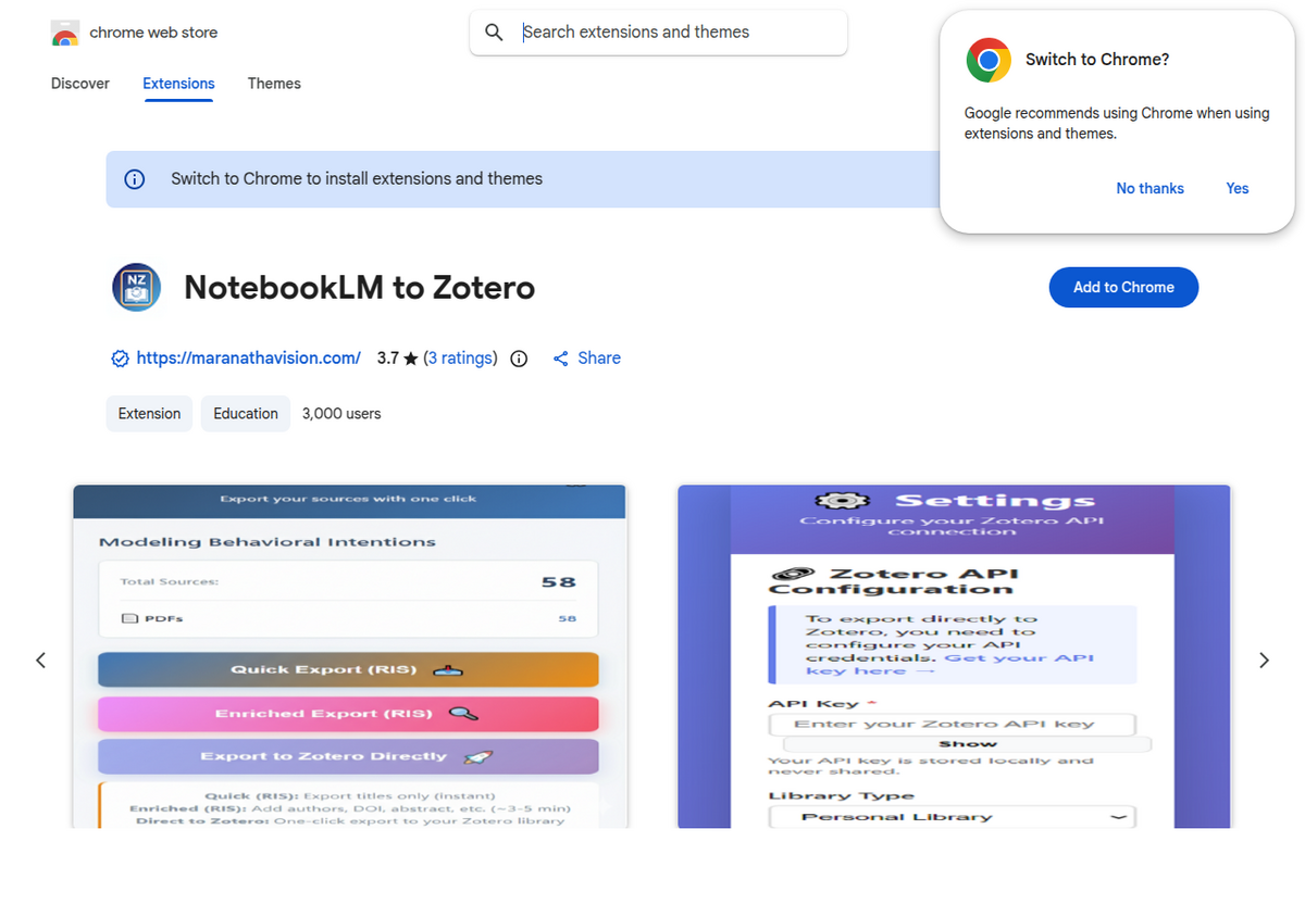 Chrome Web Store listing for the 'NotebookLM to Zotero' extension, showing 3,000 users, a 3.7-star rating from 3 reviews, and three export modes: Quick Export (RIS), Enriched Export (RIS), and Export to Zotero Directly, which requires a Zotero API key.