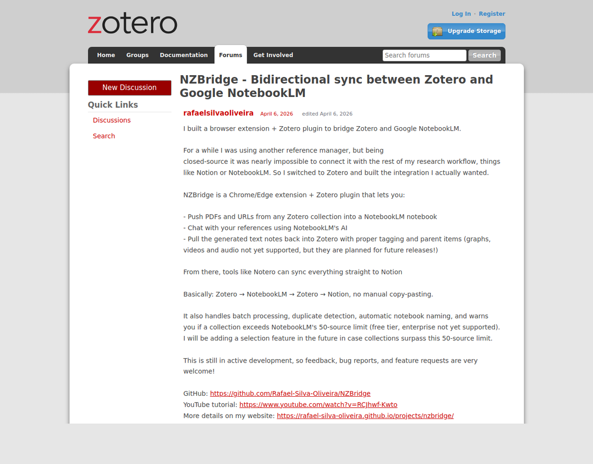 Zotero forum post titled 'NZBridge - Bidirectional sync between Zotero and Google NotebookLM' by developer rafaelsilvaoliveira, describing the tool's features and a 50-source free-tier limit warning.