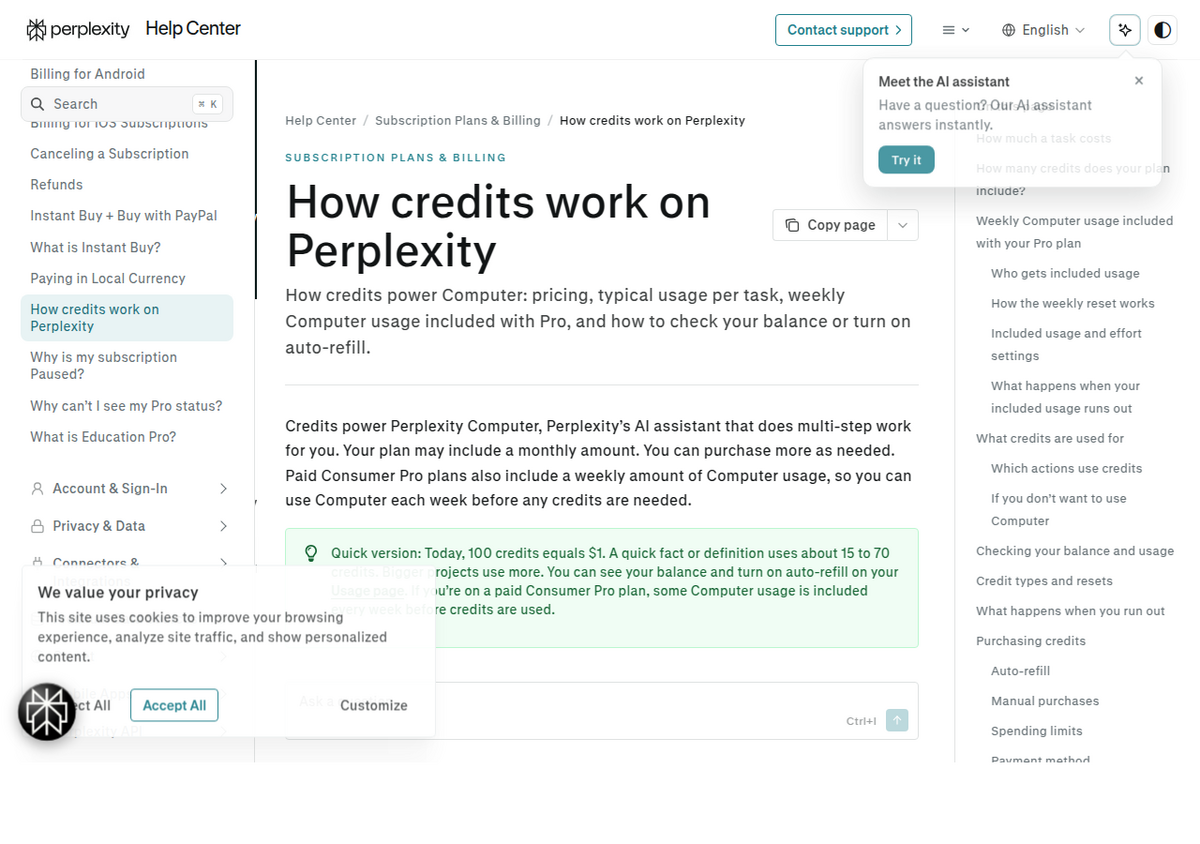 Perplexity's Help Center page 'How credits work on Perplexity', explaining that credits power Perplexity Computer and that 100 credits equals $1, with Computer usage not included on the free plan.