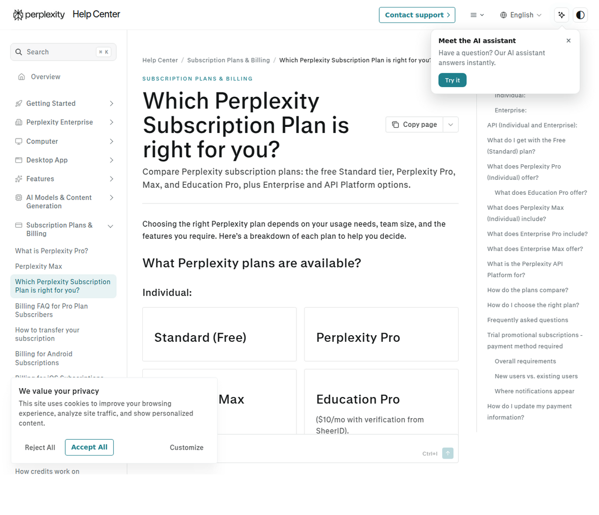 Perplexity's Help Center page titled 'Which Perplexity Subscription Plan is right for you?', showing Standard (Free), Perplexity Pro, Max and Education Pro plan cards.