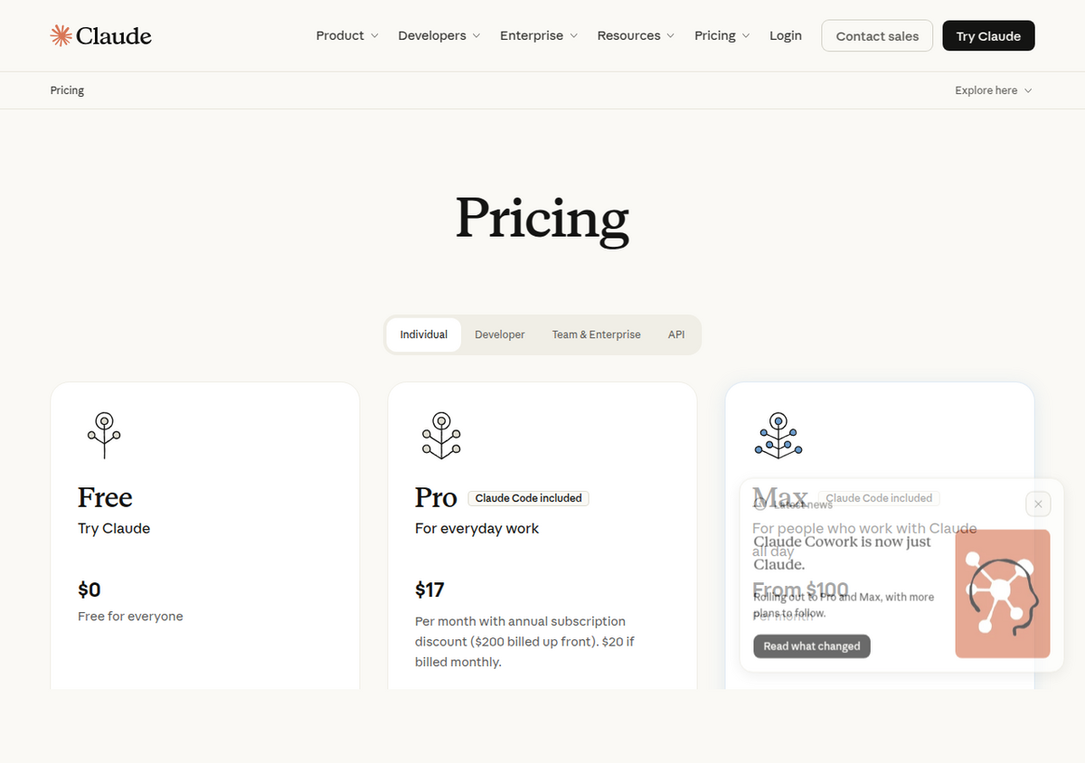 Claude's pricing page showing the Free, Pro, and Max plan cards, with a Max plan detail popup reading 'For people who work with Claude all day' and 'From $100 per month'.