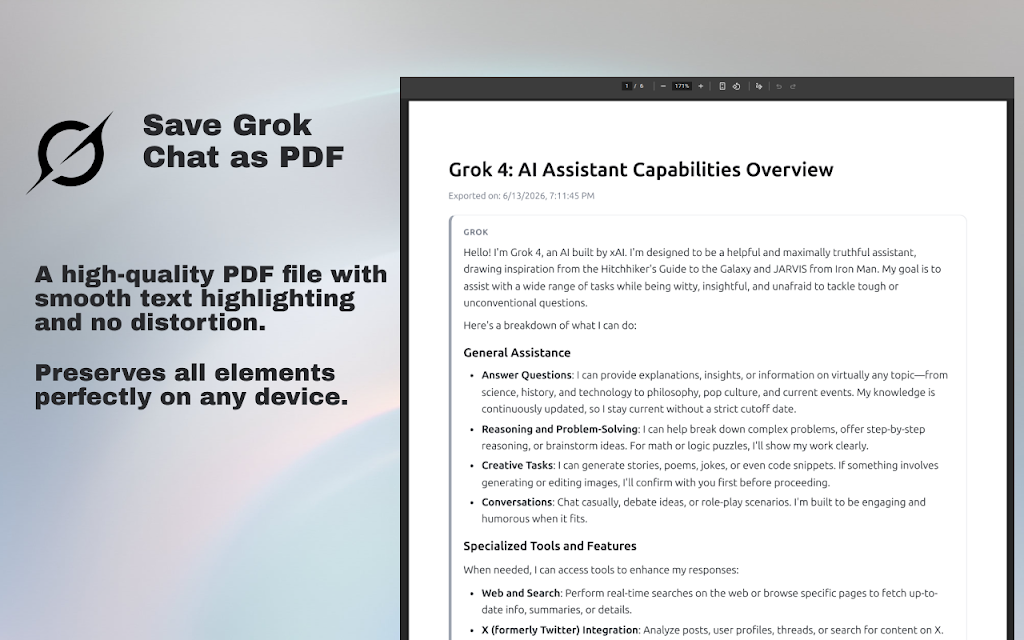 Grok to PDF — Chrome extension screenshot